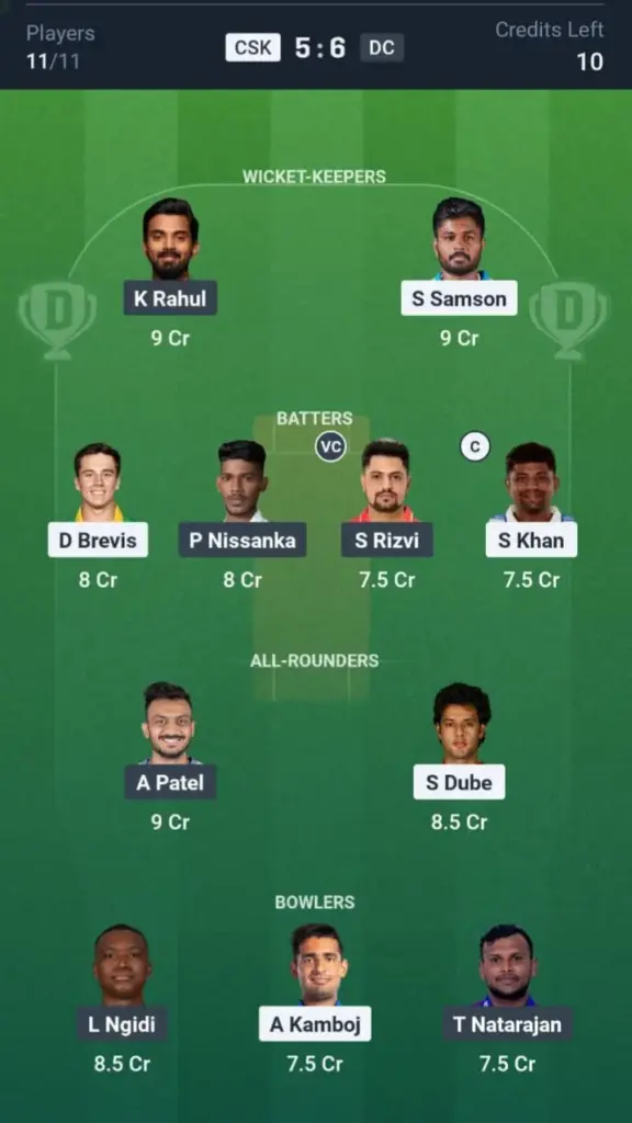 CSK vs DC Dream11 Prediction Small League Team