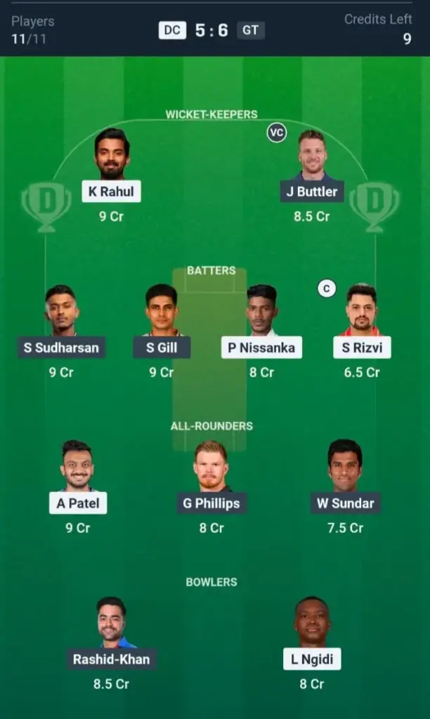 DC vs GT Dream11 Prediction Grand League Team