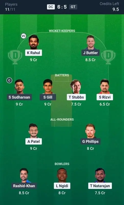 DC vs GT Dream11 Prediction Small League Team