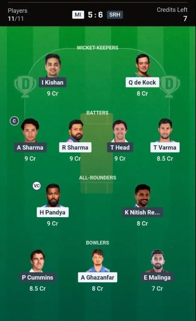 MI vs SRH Dream11 Prediction Grand League Team