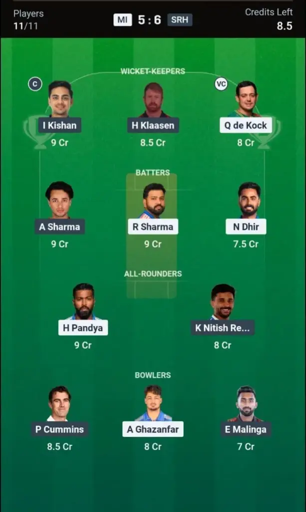 MI vs SRH Dream11 Prediction Small League Team