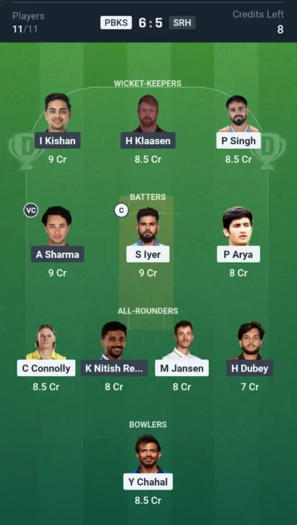 PBKS vs SRH Dream11 Prediction Grand League Team