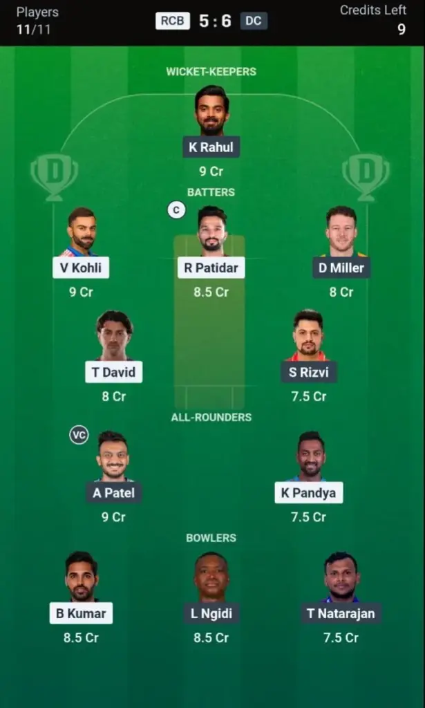 RCB vs DC Dream11 Prediction Grand League Team