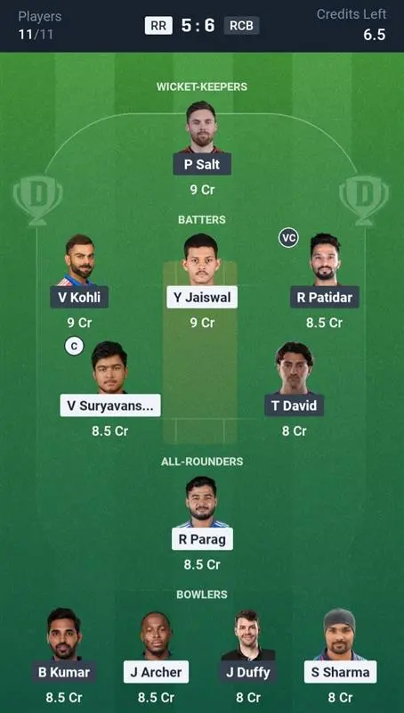 RR vs RCB Dream11 Prediction Small League Team