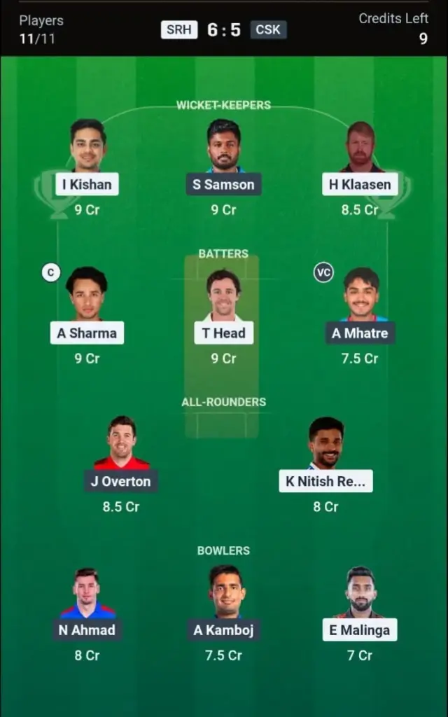 SRH vs CSK Dream11 Prediction Grand League Team