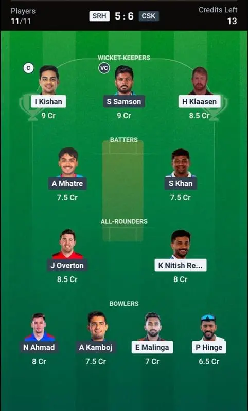 SRH vs CSK Dream11 Prediction Small League Team 