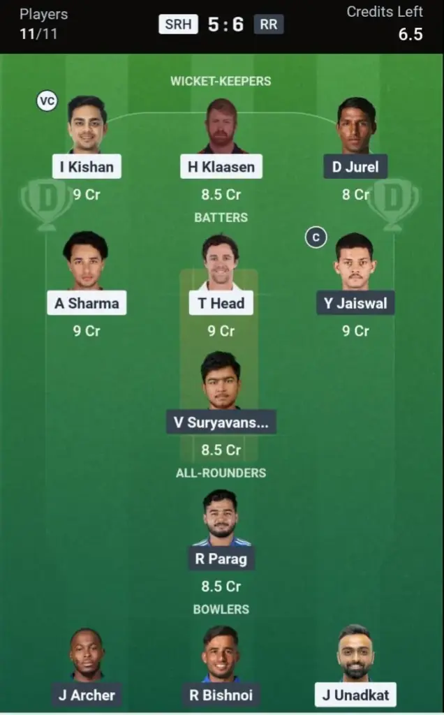 SRH vs RR Dream11 Prediction Small League Team
