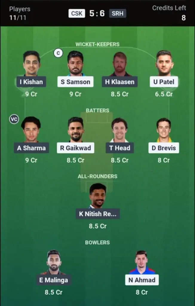 CSK vs SRH Dream11 Prediction Grand League Team