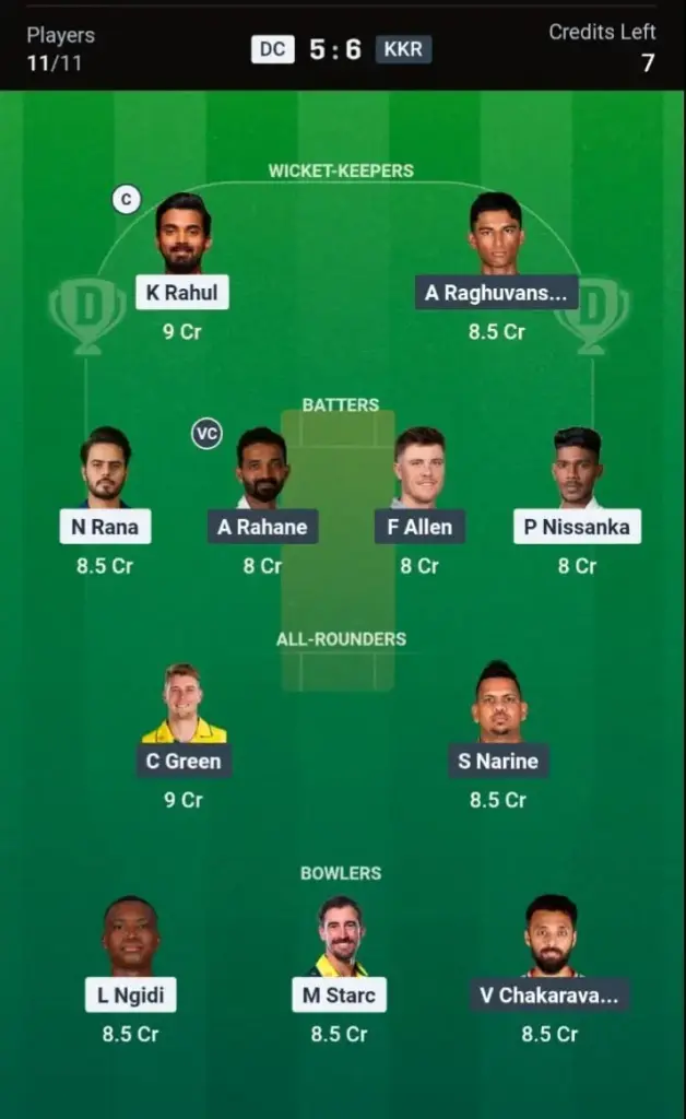 DC vs KKR Dream11 Prediction – Small League Team