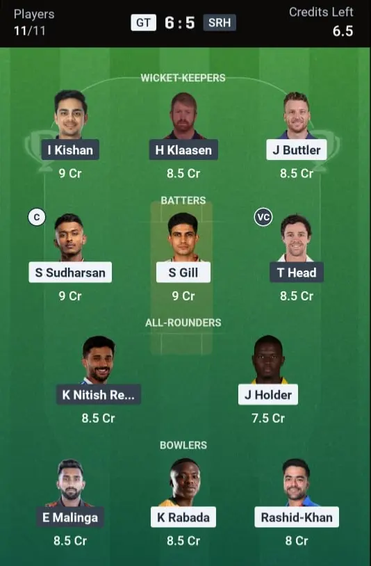 GT vs SRH Dream11 Prediction Small League Team