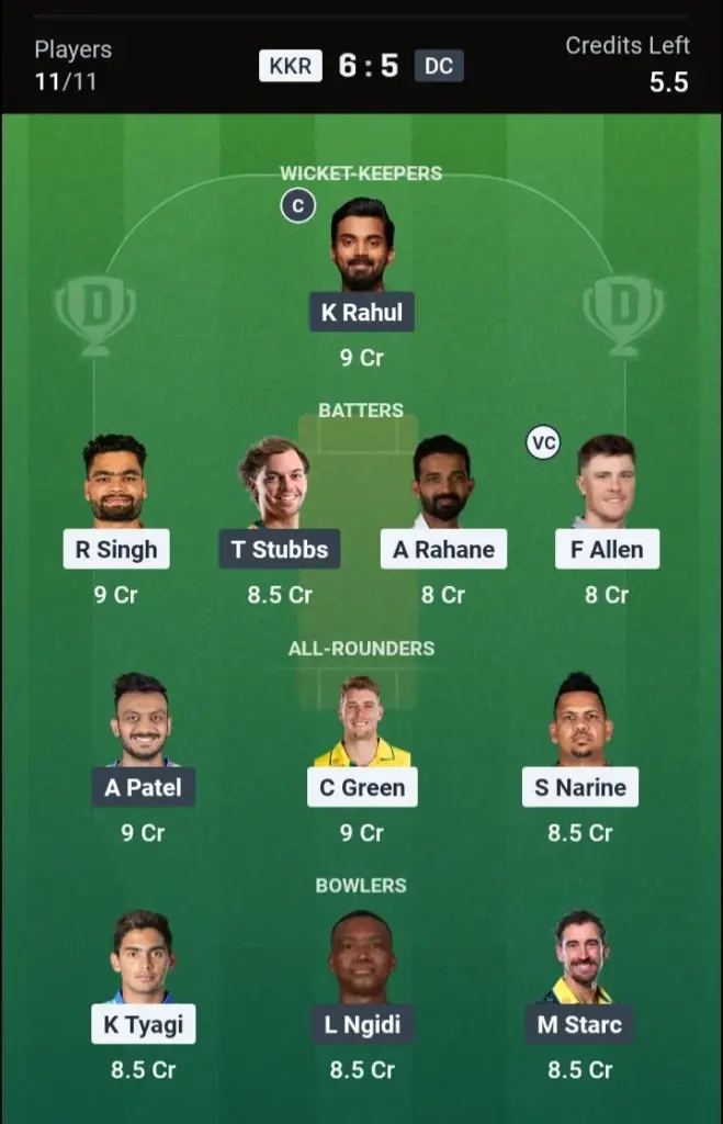 KKR vs DC Dream11 Prediction Grand League Team