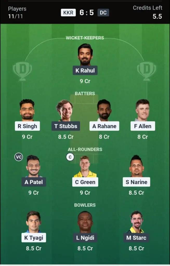 KKR vs DC Dream11 Prediction Small League Team