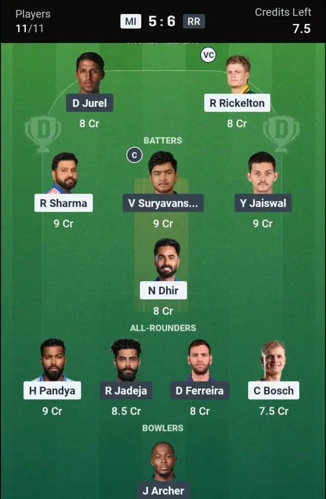 MI vs RR Dream11 Prediction Grand League Team