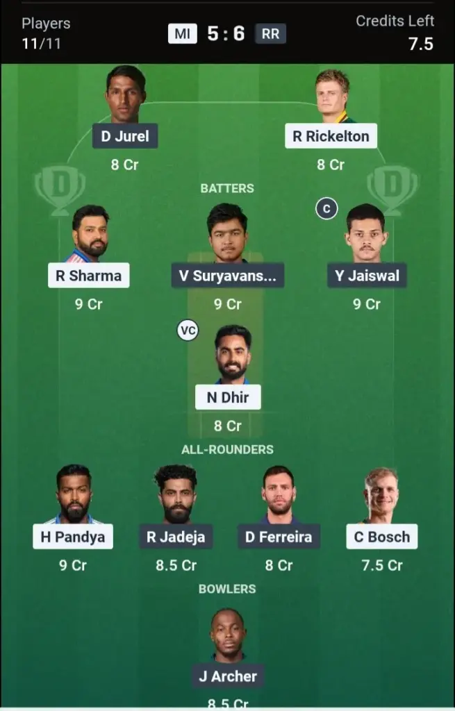 MI vs RR Dream11 Prediction Small League Team