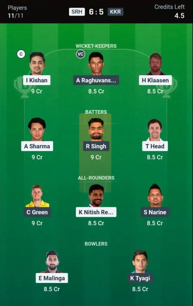 SRH vs KKR Dream11 Prediction – Grand League Team