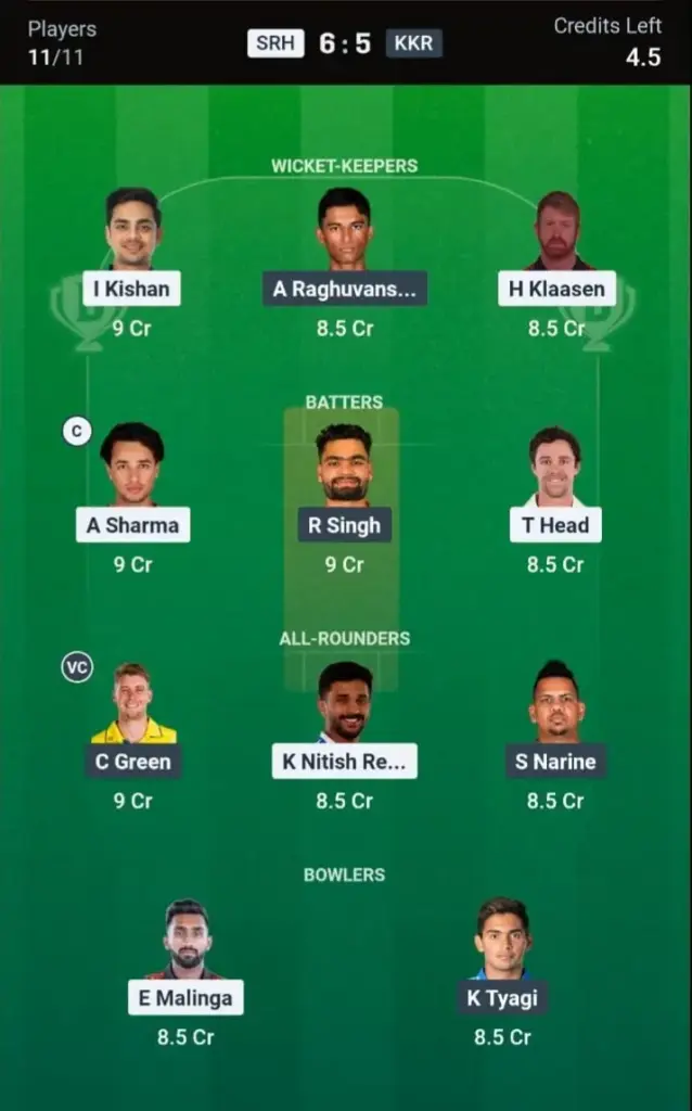SRH vs KKR Dream11 Prediction – Small League Team