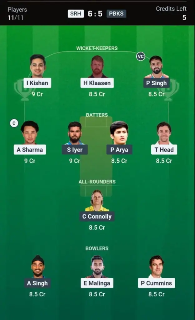 SRH vs PBKS Dream11 Prediction – Grand League Team