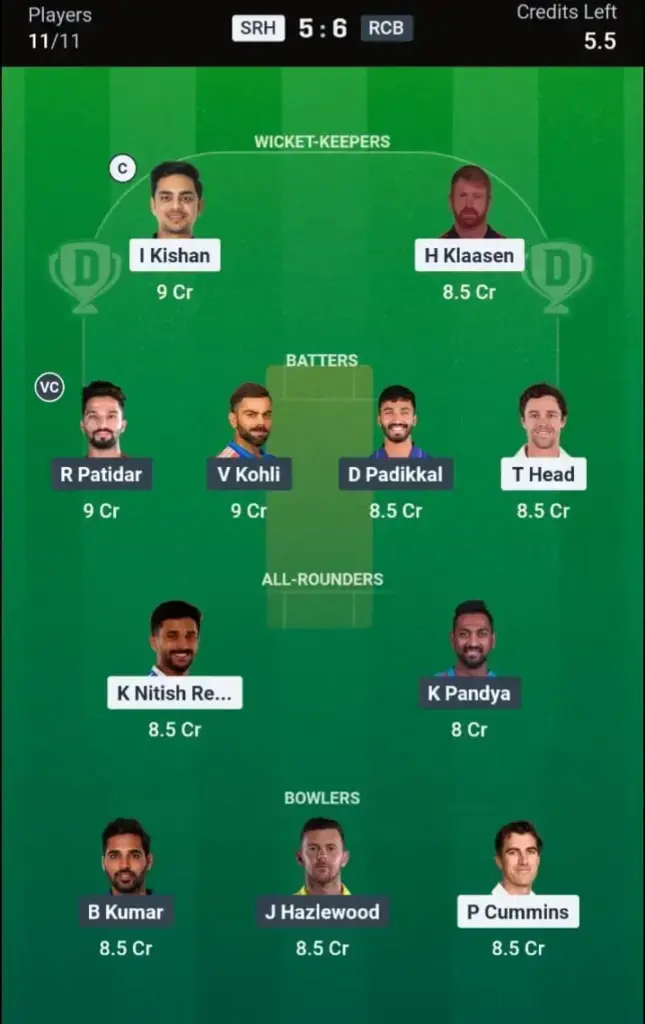 SRH vs RCB Dream11 Prediction Grand League Team