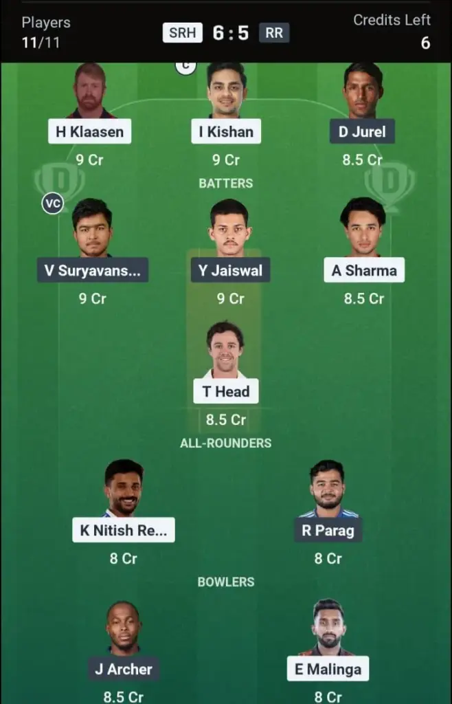 SRH vs RR Dream11 Prediction Small League Team