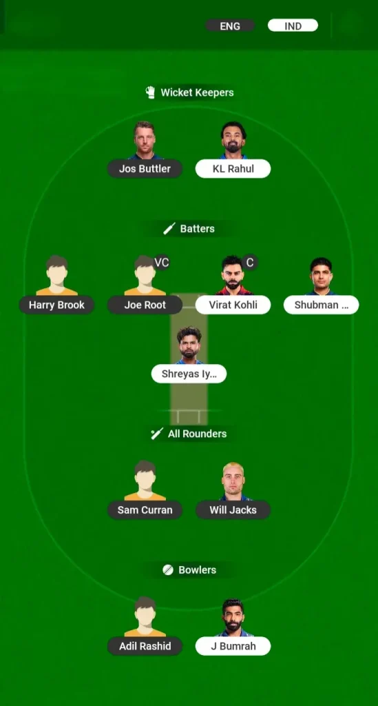 ENG vs IND Dream11 Prediction Small League Team