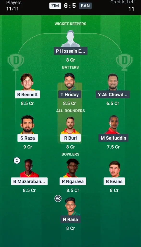 ZIM vs BAN Dream11 Prediction Grand League Team